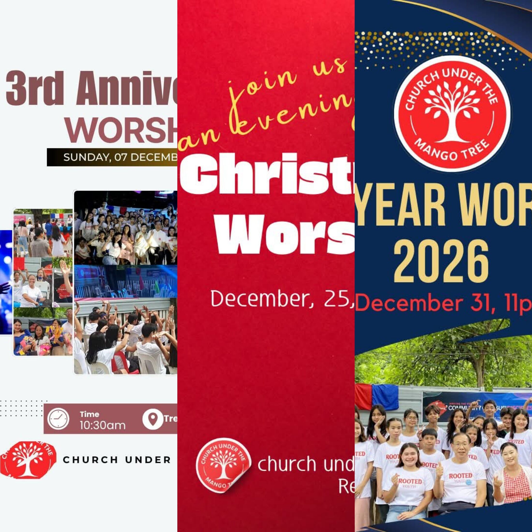 Collage of church worship and community event announcements